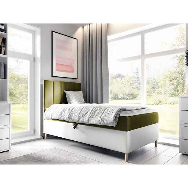 Hotelová jednolůžková postel 100x200 ROCIO 1 - bílá ekokůže / khaki, levé provedení + topper ZDARMA