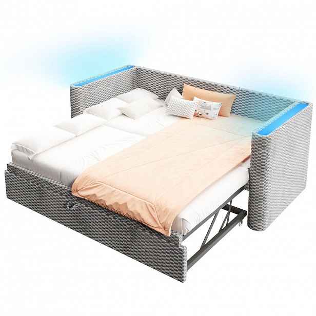 OKWISH DENNÍ postel 90/200 cm šedá z sametu s LED osvětlením a rozkladem na 180/200 cm