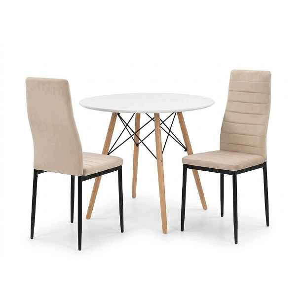 Stůl Kulatý Bílý 80 cm 2 Velurové židle Axell Béžová