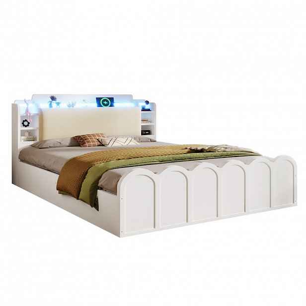 CHICFURN POSTEL 140/200 cm v bílé barvě s úložným prostorem, LED a USB Type-C