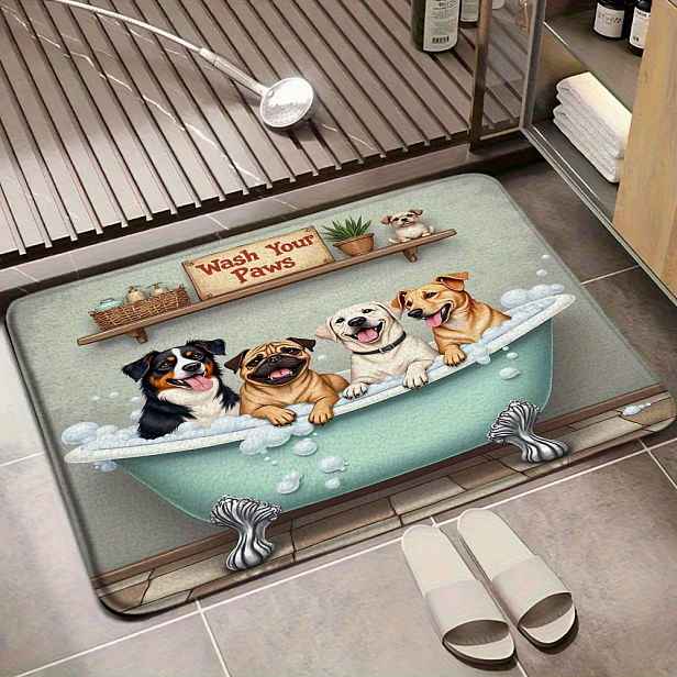 TEMU 1ks Flanelová koupelní podložka pro domácí mazlíčky s vintage designem kufříku na nohy, „Umývej své nohy“ tabulí, hravým vzorem collie, pug,