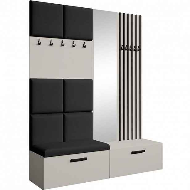 Beautysofa PŘEDSÍŇOVÁ sestava Margaret I+II 162/203/43 s čalouněnými panely / lamelami / zrcadlem, kašmírová|černá