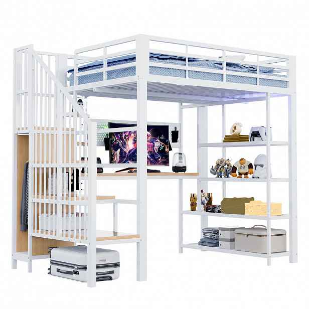 CHICFURN VYVÝŠENÁ POSTEL 140/200 cm v bílé barvě s úložnými schody, LED osvětlením a zásuvkou