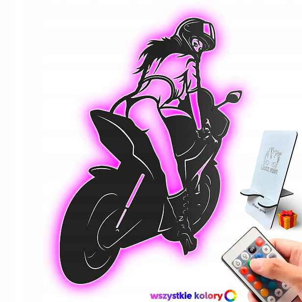 Dřevěný obraz Dívka na motocyklu Nástěnný Dárek Noční Lampa Led XL