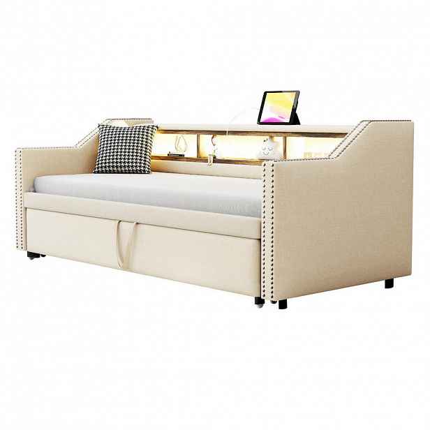 OKWISH ČALOUNĚNÁ rozkládací postel 90/180 x 190 cm béžová z lnu s LED osvětlením a USB