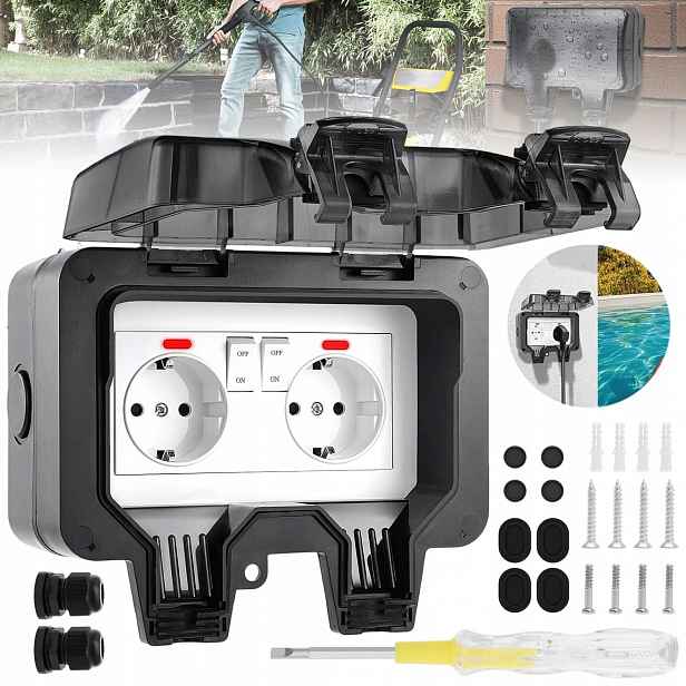 Dvojitá Venkovní Elektrická Zahradní Zásuvka Vodotěsná 230V IP66