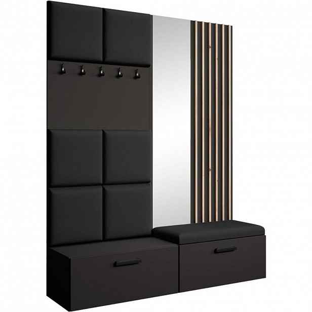 Beautysofa PŘEDSÍŇOVÁ sestava Margaret I+II 162/203/43 s čalouněnými panely / lamelami / zrcadlem, černá|dub artisan