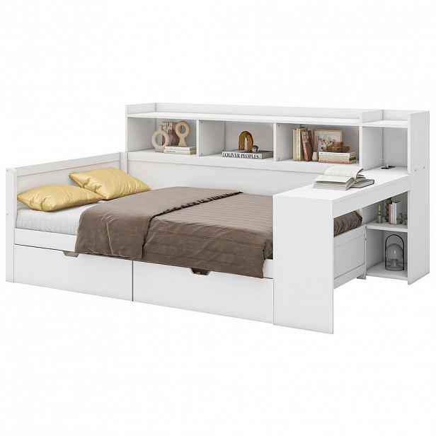 OKWISH DENNÍ postel 90/200 cm bílá z dřevotřísky a MDF s USB, zásuvkou, stolem a 2 zásuvkami
