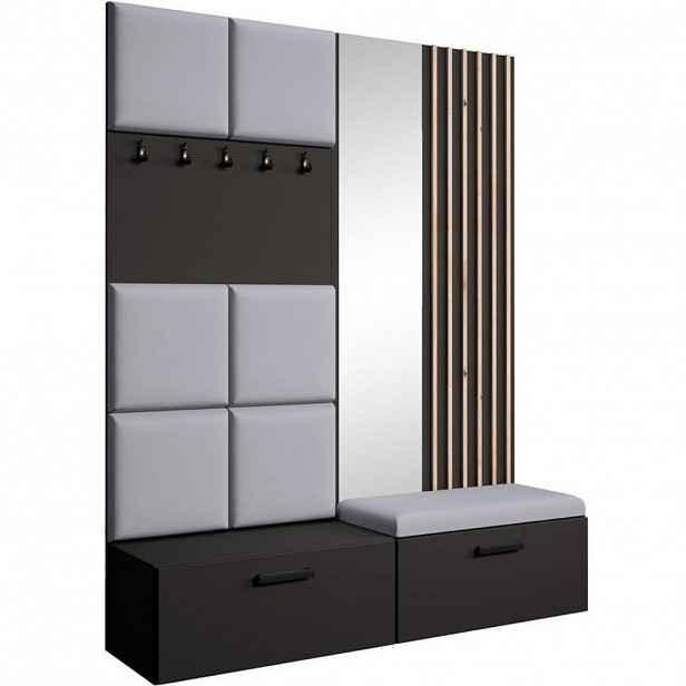 Beautysofa PŘEDSÍŇOVÁ sestava Margaret I+II 162/203/43 s čalouněnými panely / lamelami / zrcadlem, černá|dub artisan