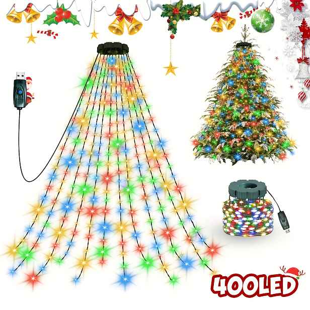 TEMU 400/220 LED IP65 Vánoční vnitřní světelný řetěz | 20/11 řetěz 200cm Vodopádové stromové světlo, USB konektor, Vysoce svítivé korálkové pohádkové