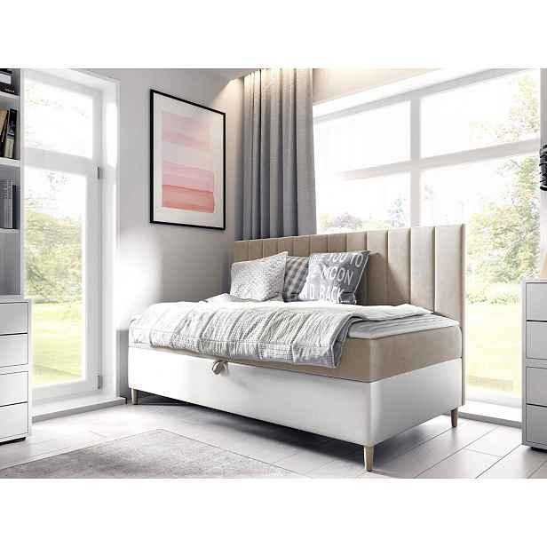 Kontinentální jednolůžková postel 100x200 ROCIO 2 - bílá ekokůže / béžová + topper ZDARMA