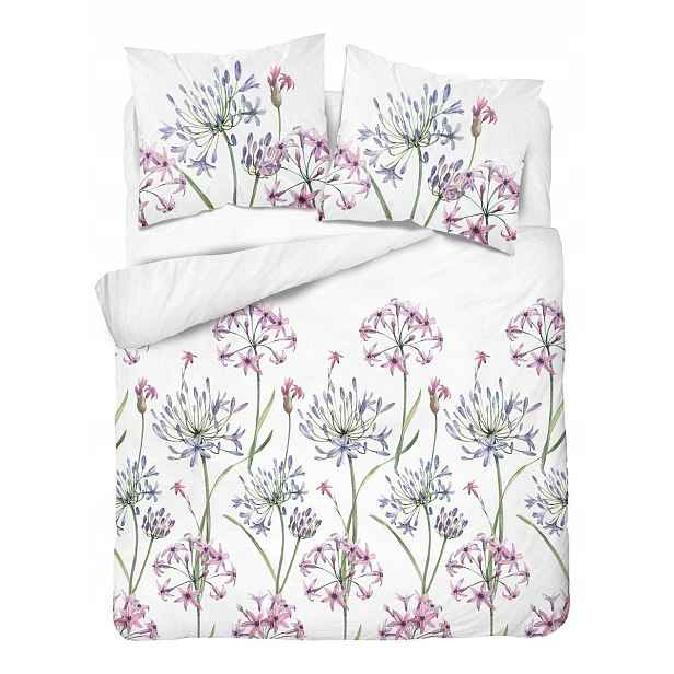 Povlečení Home Satin 160x200 bílé s fialovými růžovými štíhlými květy