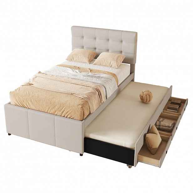 CHICFURN ČALOUNĚNÁ POSTEL 90/200 cm & 90/190 cm v béžové barvě se 3 zásuvkami