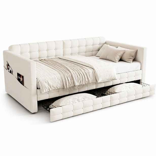 CHICFURN ČALOUNĚNÁ POSTEL 90/190 cm v béžové barvě se sametem, kapsami a 2 zásuvkami