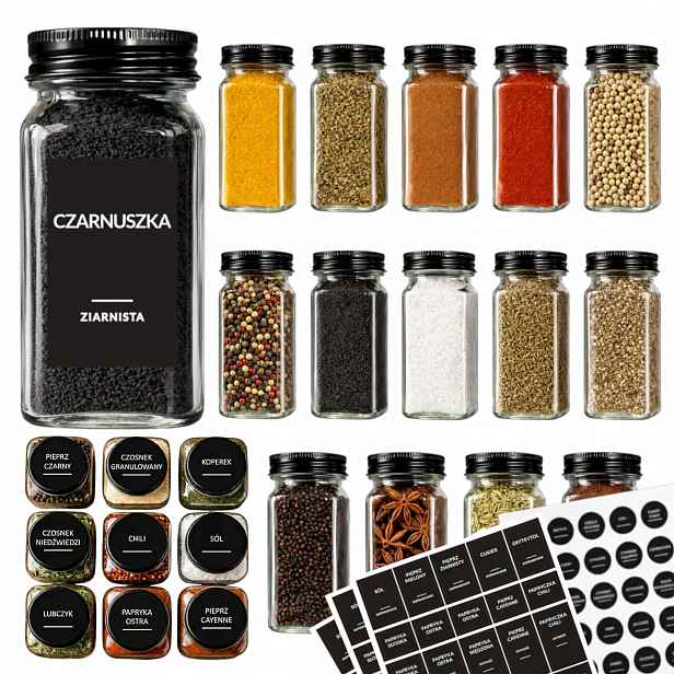 Sada 48 Nádob Na Koření Sklenice 120 ml Skleněné 169 samolepek Černé