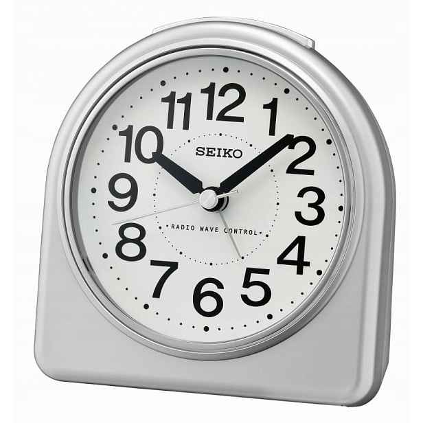 Čitelný Stříbrný Budík S Opakovaným Buzením Seiko Řízený Rádiovým Signálem DCF77 QHR204S