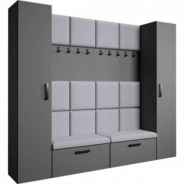 Beautysofa PŘEDSÍŇOVÁ sestava Margaret XL 242/203/43 s čalouněnými panely a botníkem, grafitová