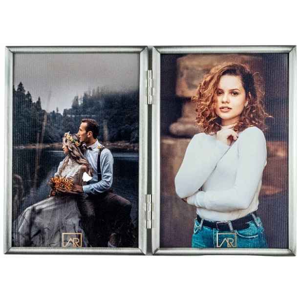 Dvojitý rámeček na dvě fotografie 15x20, kovový, stříbrný, portrétní, jako dárek