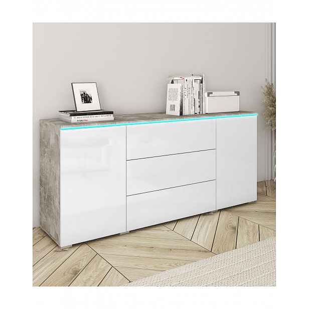 Komoda s LED osvětlením Vera, beton/bílý lesk, 150 cm