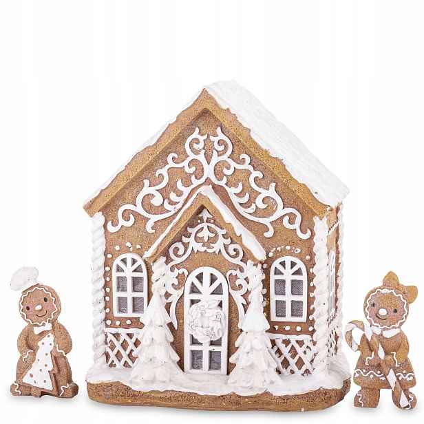 Led domeček s plastovými figurkami hnědobílý 23x19x12; figurky 10x5x2 cm