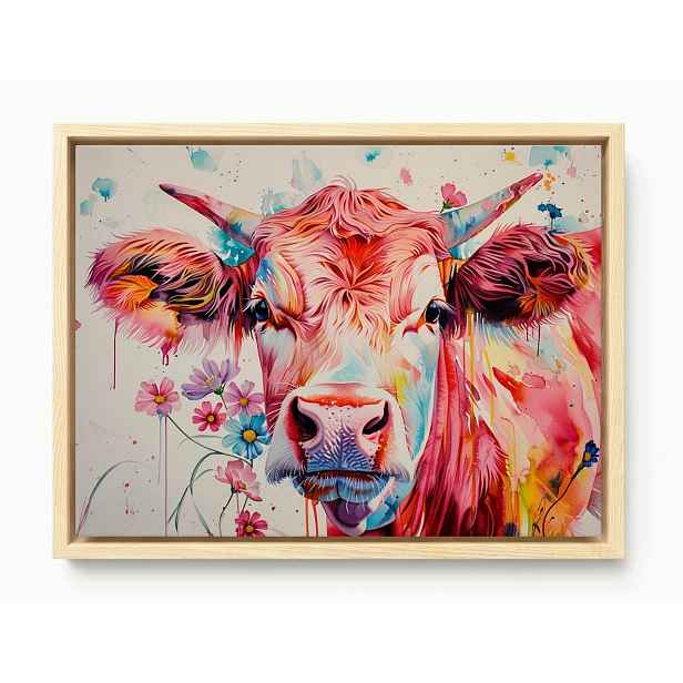 Obraz Rám Americký Box Portrét Kráva Růžová Barvy Květiny Boho 80x60