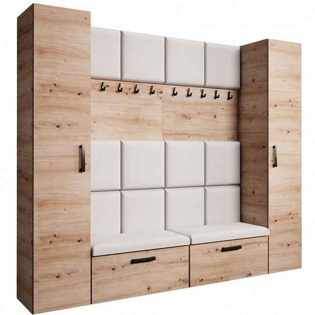 Beautysofa PŘEDSÍŇOVÁ sestava Margaret XL 242/203/43 s čalouněnými panely a botníkem, dub artisan