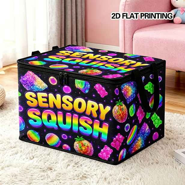 TEMU 1 ks Trendy Senzorický Skládací Úložný Potiskem Písmen a Vzorem Squish, Velkokapacitní Úložný Víkem, Odolný Design se Zipem a Dvojitými