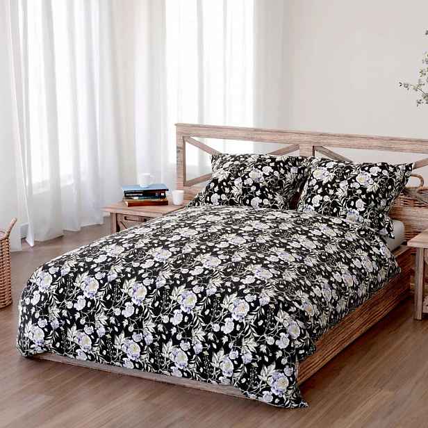 Bavlněné Povlečení Peony Dark 200x220 černé fialové a bílé pivoňky