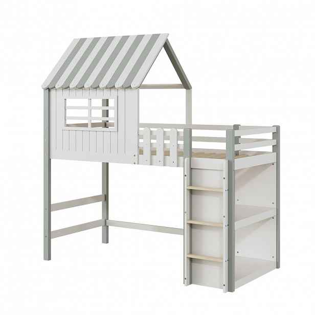 CHICFURN VYVÝŠENÁ DĚTSKÁ POSTEL 90/200 cm v zelené barvě s žebříkem a prostorem pod lůžkem
