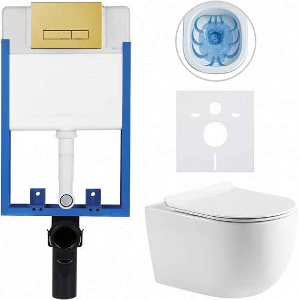 Kompletní WC set Profi/Felci - bílá lesklá - WC tlačítko Slim/Zlatá - pro zazdění - 52,5x36 cm