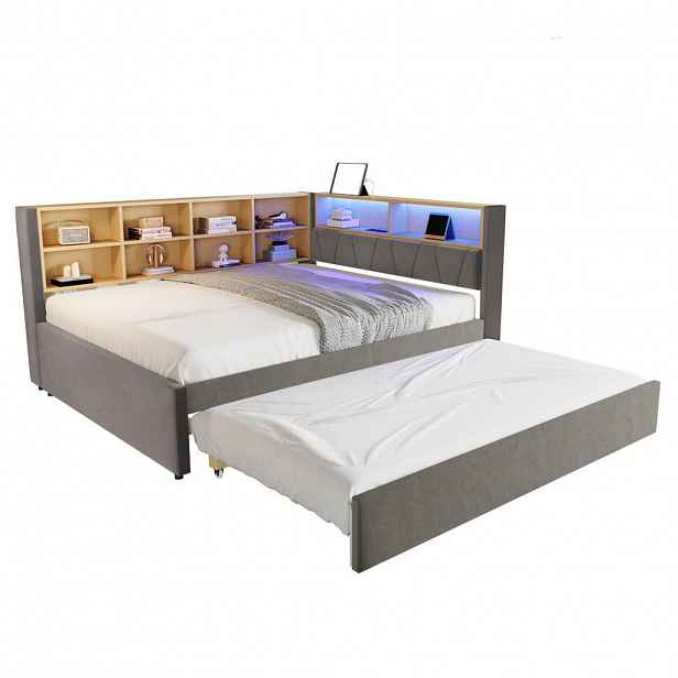 OKWISH ROZKLÁDACÍ postel 140/200 cm tmavě šedá z flanelu s LED osvětlením a výsuvným lůžkem