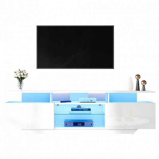 Redom TV stolek 160/40/45 cm s LED osvětlením ovládaným přes aplikaci, 2 skřínkami a tvrzeným sklem, Bílá