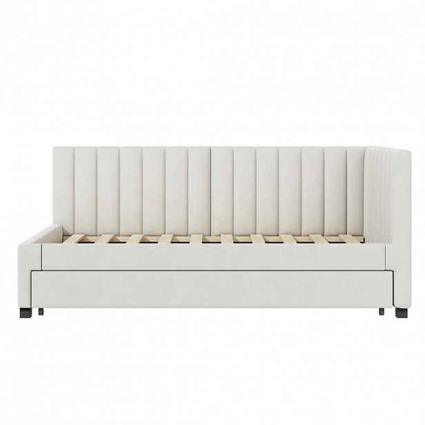 OKWISH ČALOUNĚNÁ postel 90/200 cm béžová z sametu s výsuvným lůžkem