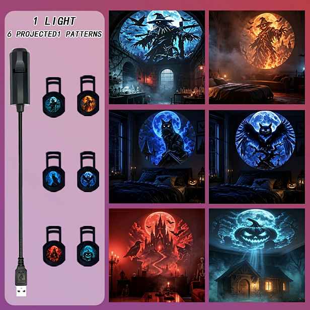 TEMU USB Halloween LED projektor noční světlo, 3/6/10 vyměnitelných dišplejů, houby, strašidelného rekvizitáře, čarodějnice, strašáka, přenosná