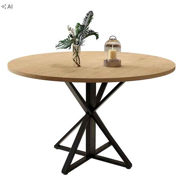 Kulatý jídelní stůl Garvee 120 cm, dub, kovové nohy, 4-6 osob