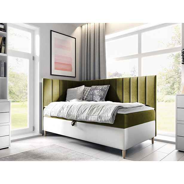 Boxspringová jednolůžková postel 100x200 ROCIO 3 - bílá ekokůže / khaki, levé provedení + topper ZDARMA