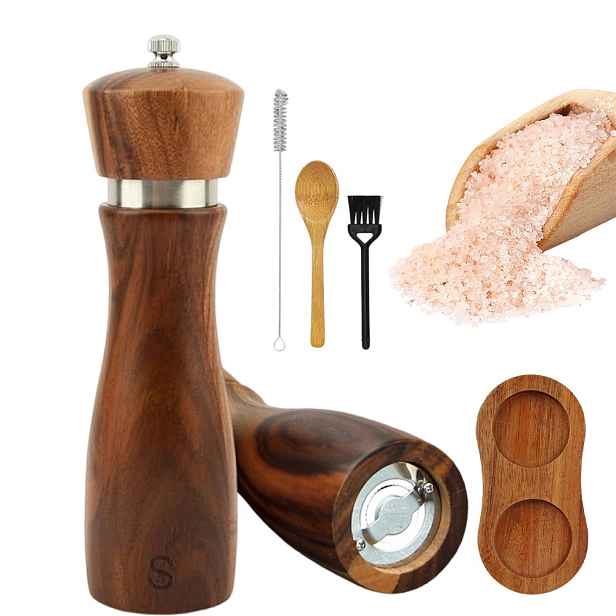 Dřevěný mlýnek na pepř a sůl s podstavcem, nastavitelný Dárek, 2 ks