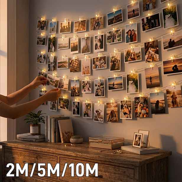 TEMU 1 ks, Fotoklipové světelné řetězy, napájené bateriemi, 100/50/20 LED /25/10 klipy, teplá bílá, vintage cihlová dekorace stěn, pohádková světla,