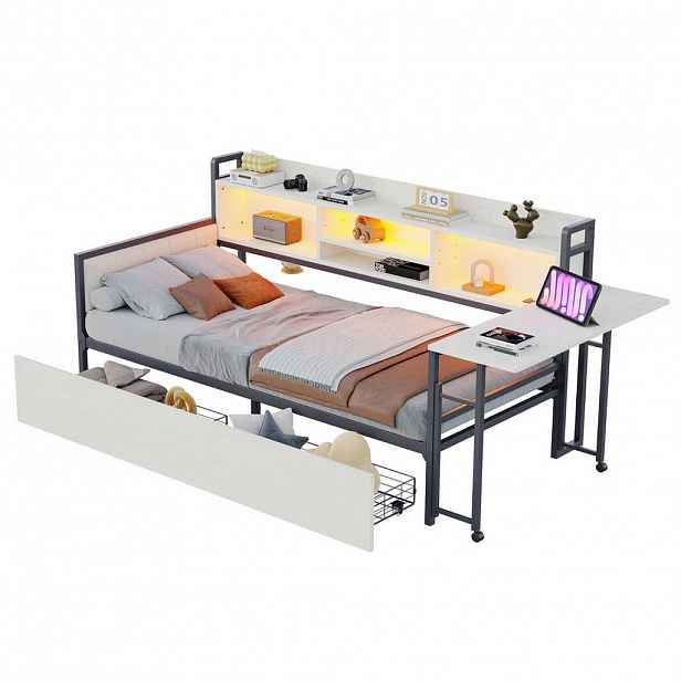 OKWISH JEDNOLŮŽKO 90/200 cm bílé z kovu s LED osvětlením úložným prostorem a výklopným stolem