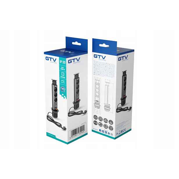 Prodlužovací kabel, zapuštěná zásuvka 60 mm, 3x230 V 2x Usb-a, černý