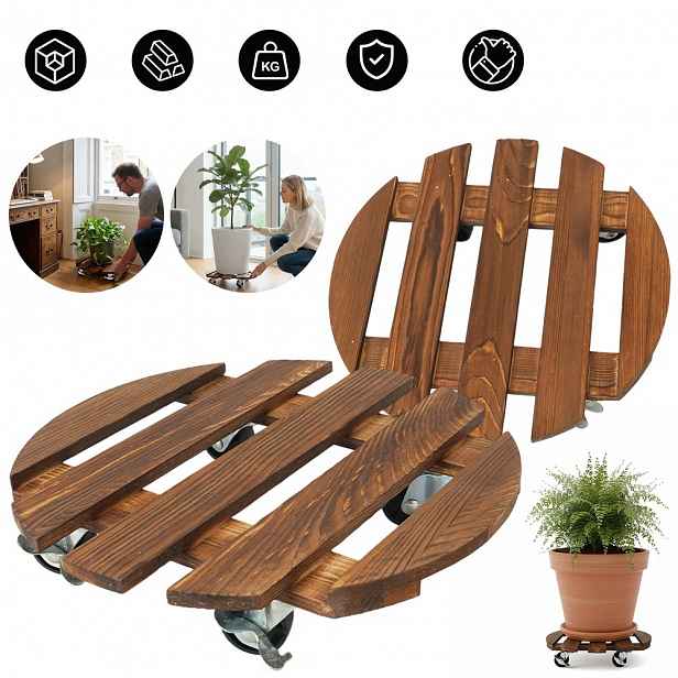 2ks Podstavec Pod Květináč Na Kolečkách Dřevěný Kulatý Plošina Elegantní