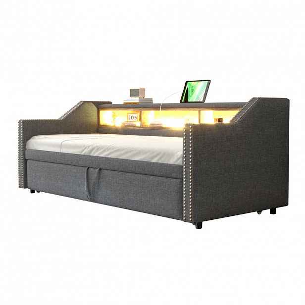 OKWISH ROZKLÁDACÍ pohovka 90/180 x 190 cm tmavě šedá z lněné tkaniny s LED a USB
