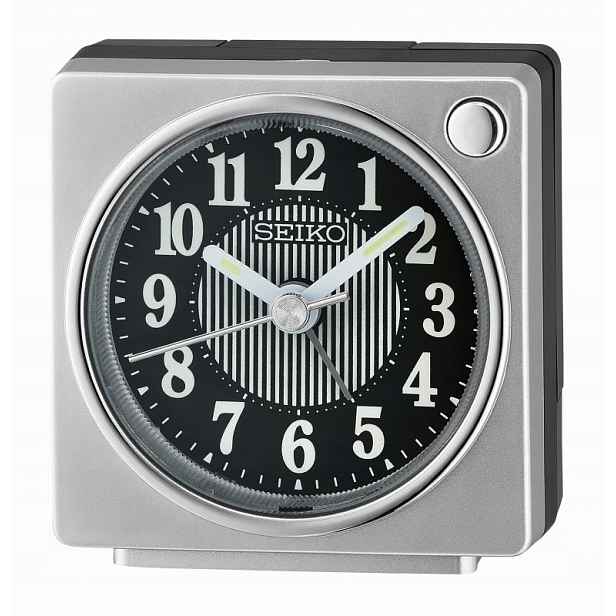 Malý Stříbrný Čtvercový Budík Seiko QHE197S Alarm Tichý Mechanismus 6,5 cm