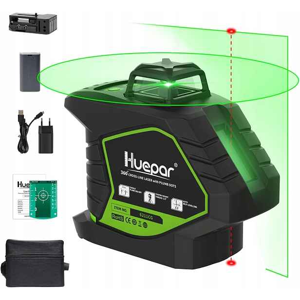 Zelený nivelační laser se 2 body na chodidle – horizontální linie 360°