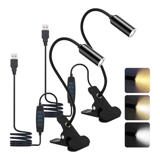 Lampička na čtení s klipem na knihu Led 3 barvy nastavitelná Usb 2 ks