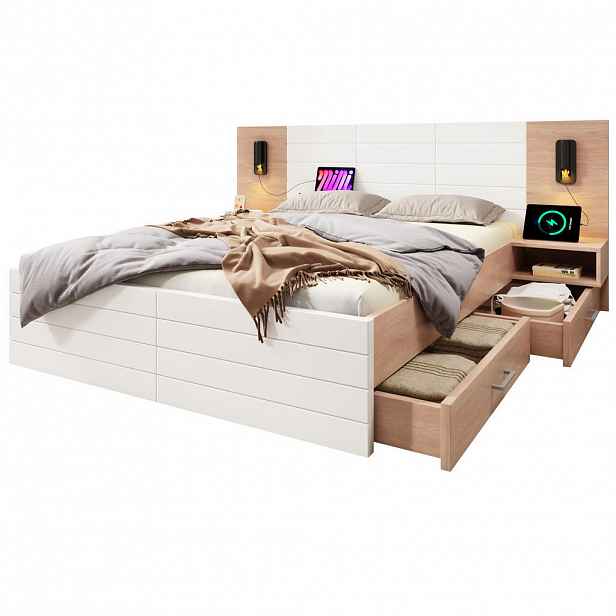 OKWISH DVOULŮŽKO 140/200 cm bílé v dekoru světlého dubu z masivu a MDF s matrací USB a zásuvkami
