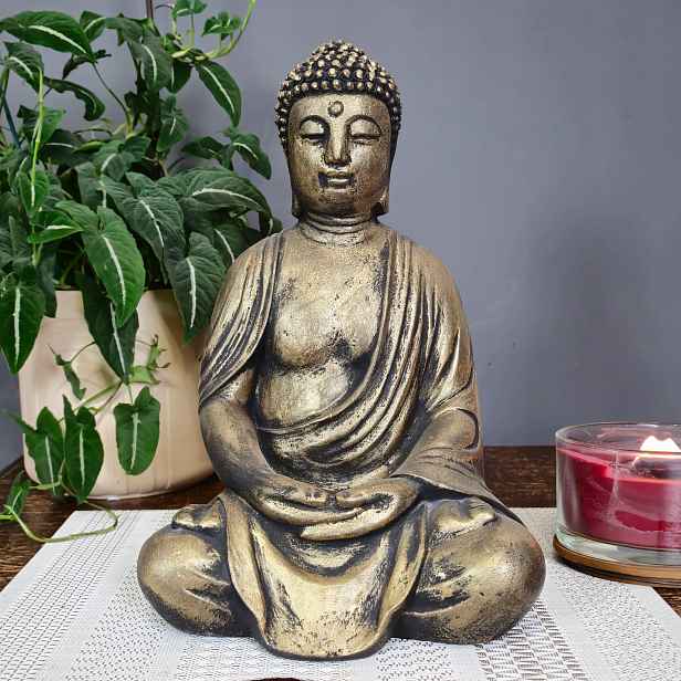Betonová zahradní meditační figurka Buddha zlatá 38 Cm, 12 kg, dekorace z betonu