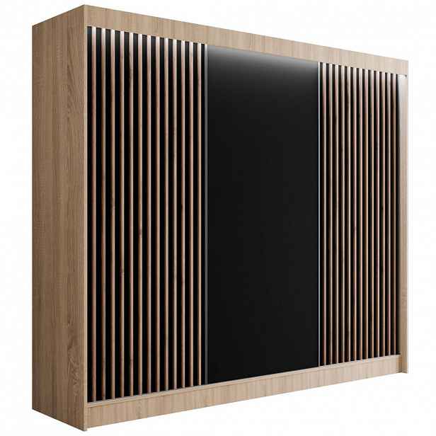 ALTDECOR ŠATNÍ SKŘÍŇ s LED osvětlením, lamelovými posuvnými dveřmi VILANv2 – 250 cm Sonoma dub + lamely z dubu wotan
