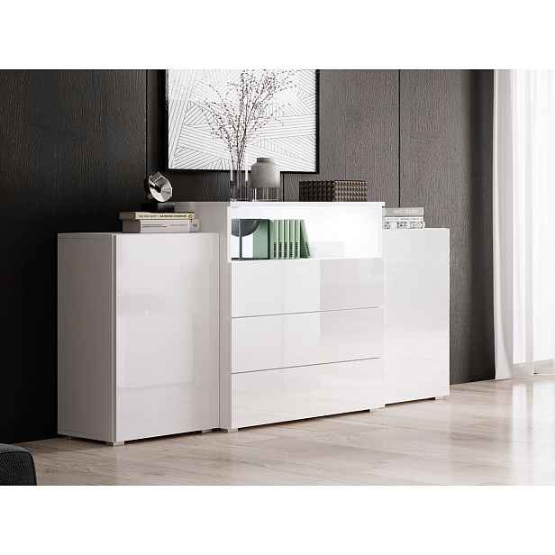 Kvalitní komoda Armen, bílá/bílý lesk + LED