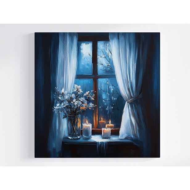 Obraz Na Plátně Canvas Okno Večer Noc Svíčky Květiny Nálada Pohled 50x50